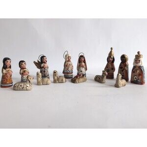 Vtg Mexican Folk Art Nativity Hand Painted Pottery Figurines 14 Pc Small